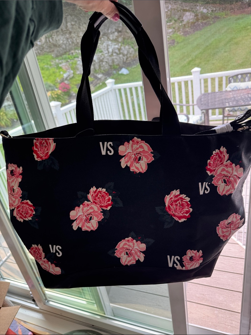 Victoria's Secret Black Tote with Pink Rose Print